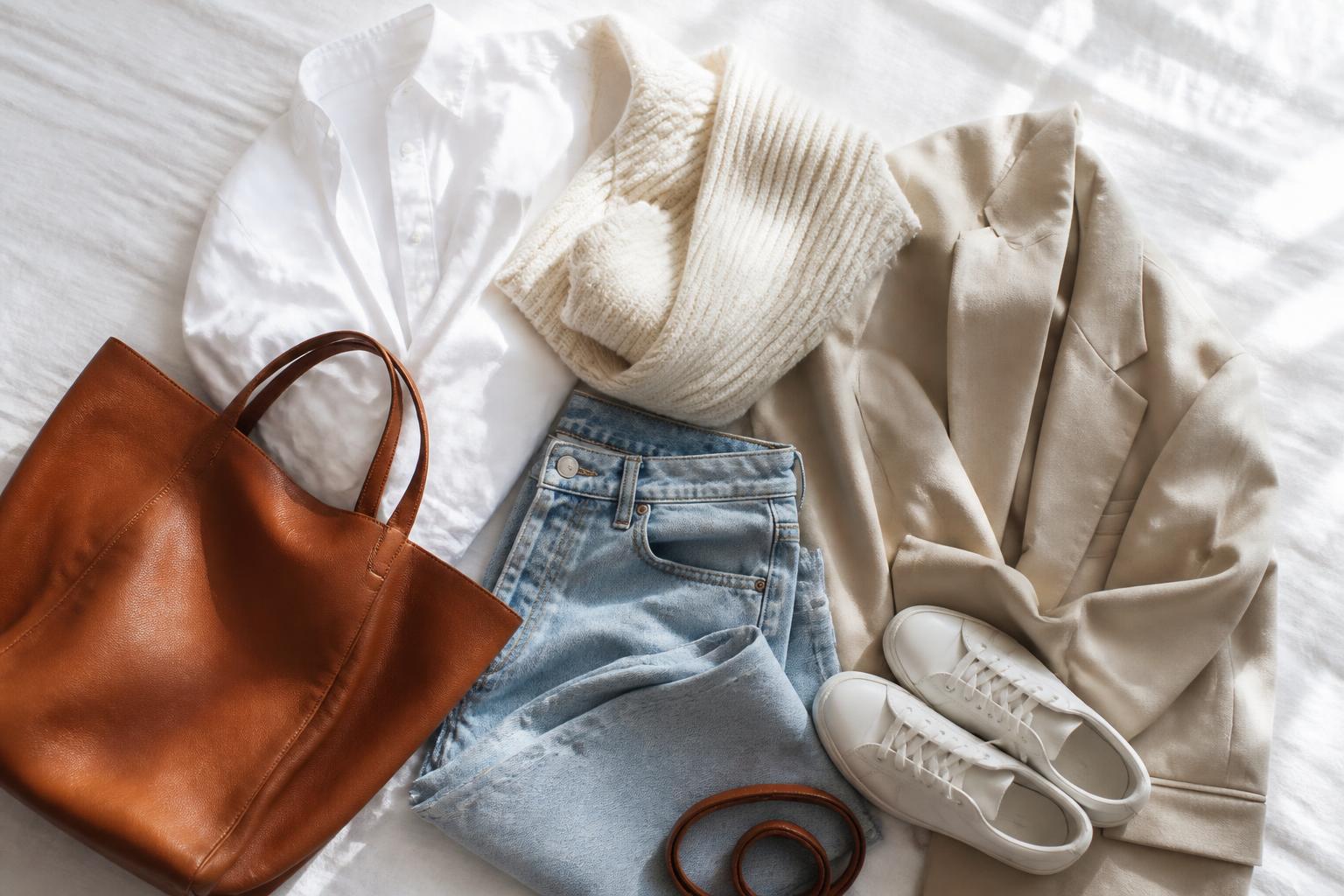 Redaktionell stilltillbild: vit skjorta, gräddvit stickat, beige kavaj, ljus vid denim, cognacfärgad väska och vita sneakers.